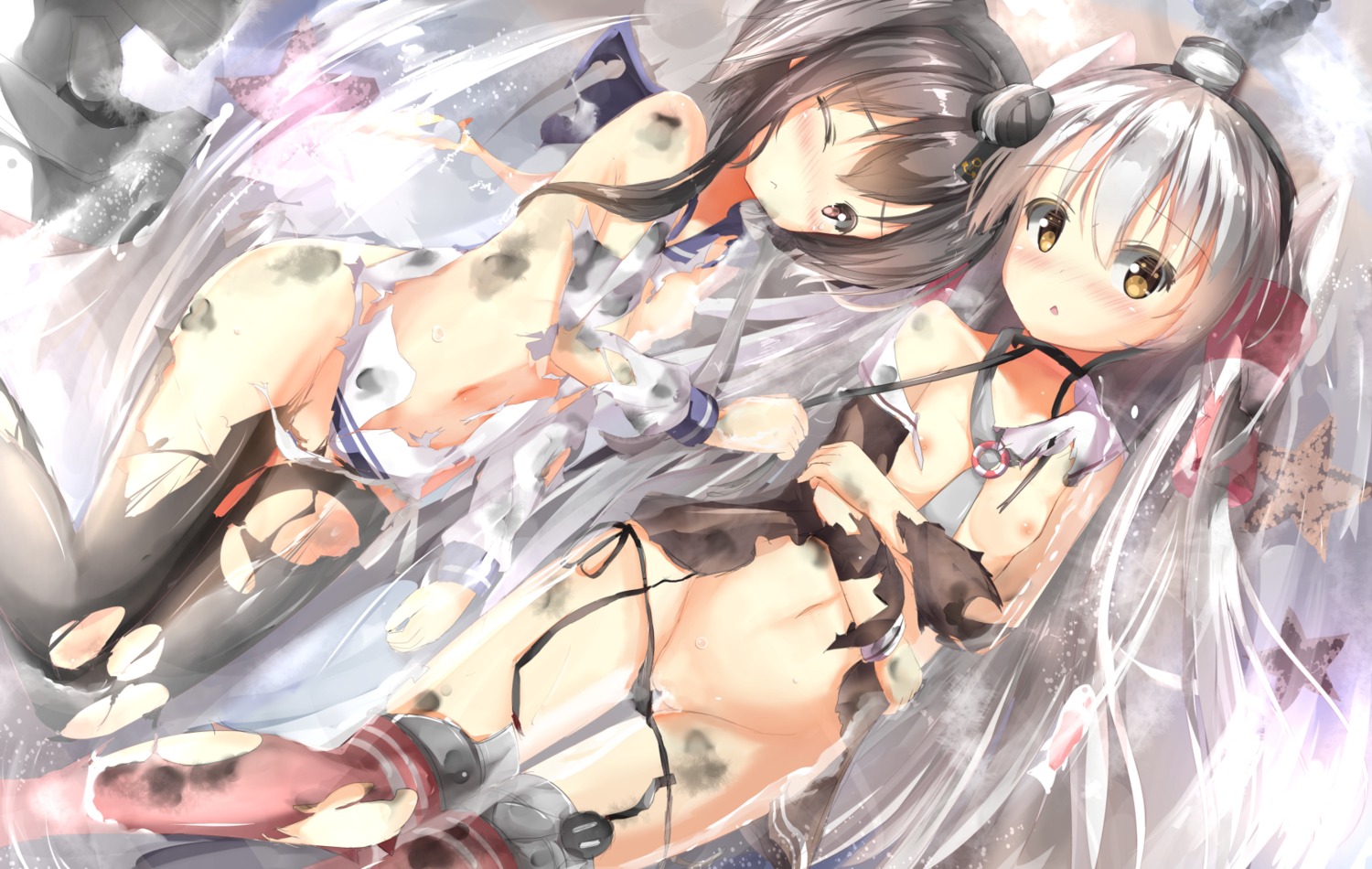 amatsukaze_(kancolle) breast_hold kantai_collection loli nipples no_bra nopan pantsu panty_pull pantyhose pussy seifuku stockings string_panties thighhighs tokitsukaze_(kancolle) torn_clothes yonjyuugo