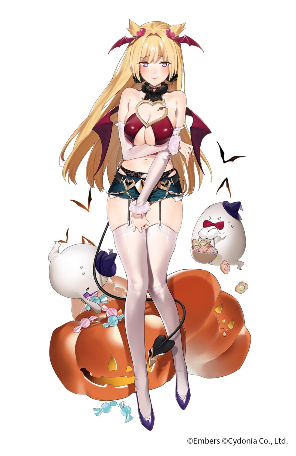 ash_arms birdy_cephon_altera erect_nipples garter_belt halloween no_bra sino42 stockings tail tattoo thighhighs torn_clothes wings