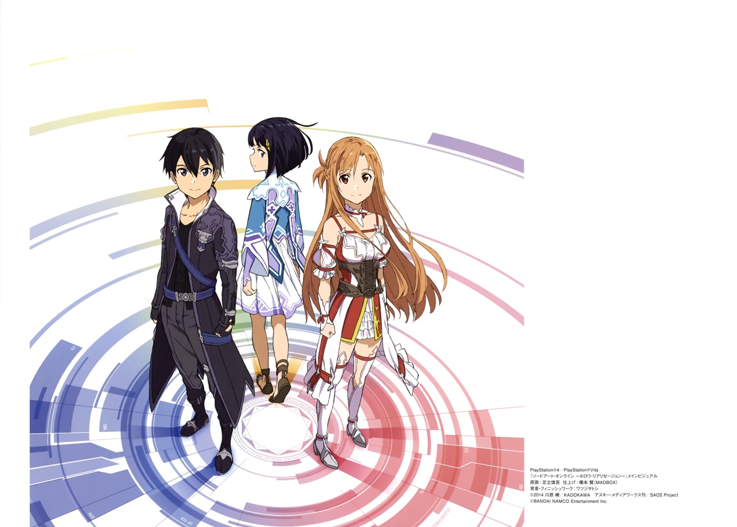 adachi_shingo asuna_(sword_art_online) dress heels kirito premiere sword_art_online thighhighs