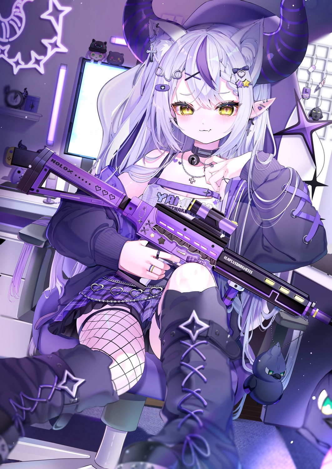 fishnets garter gun hololive horns la+_darknesss piyokuma pointy_ears tail thighhighs