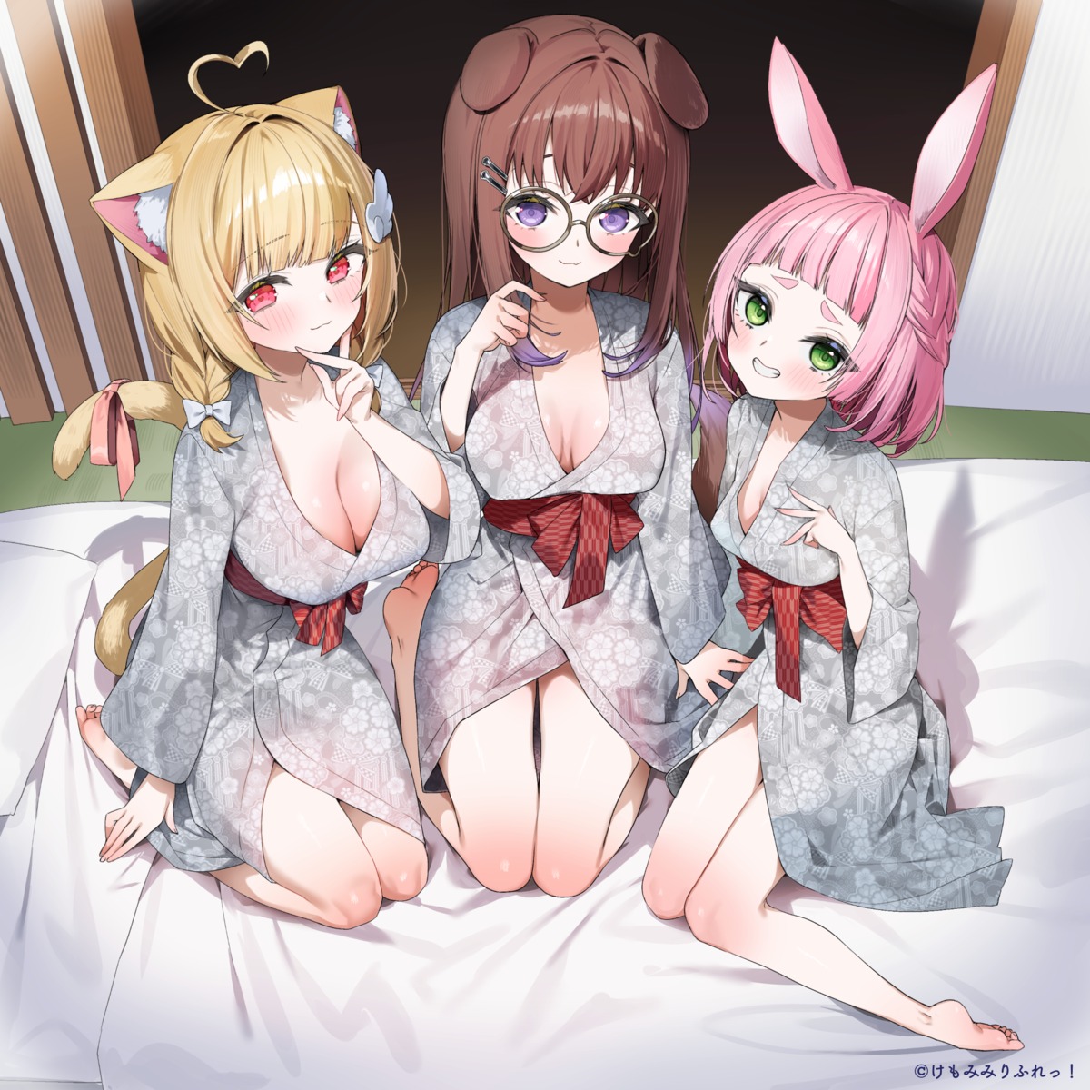 animal_ears bunny_ears inumimi itohana kemomimi_refle! komae_nadeshiko loli megane nekoma_karin nekomimi no_bra open_shirt tail uno_sakura yukata