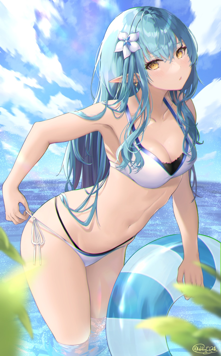 bikini cleavage elf hololive pointy_ears shiina_aoi swimsuits undressing wet yukihana_lamy