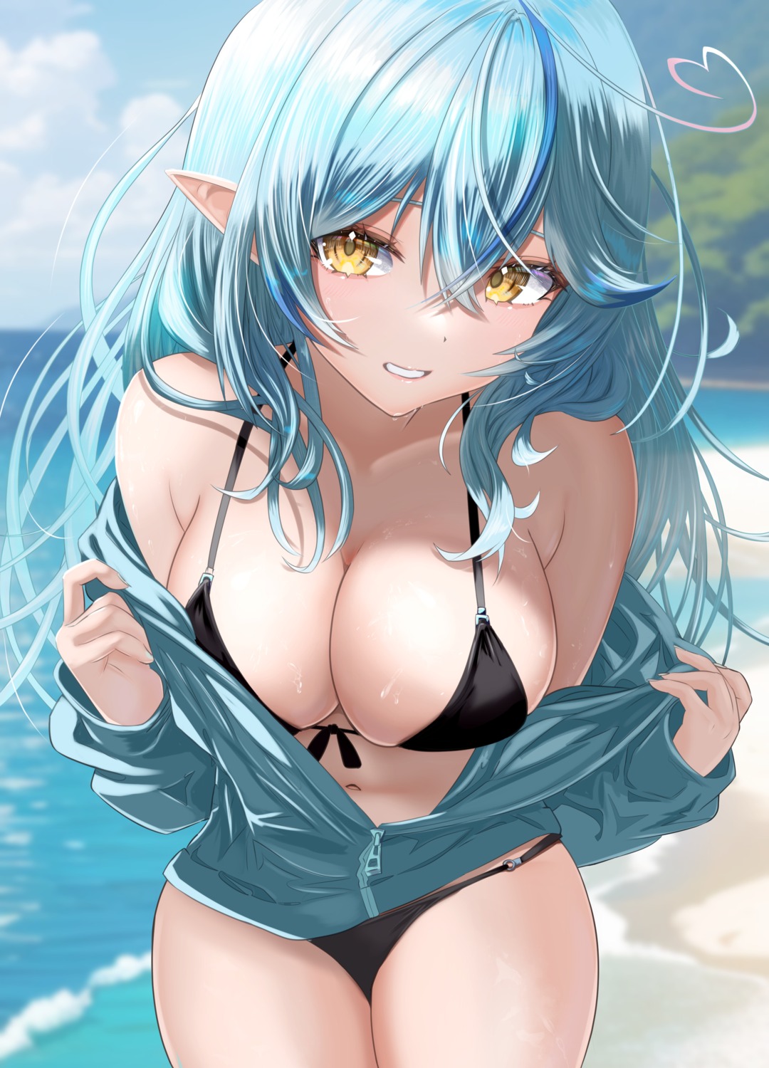 bikini elf hololive open_shirt pointy_ears swimsuits undressing wakaunderblade7 wet yukihana_lamy