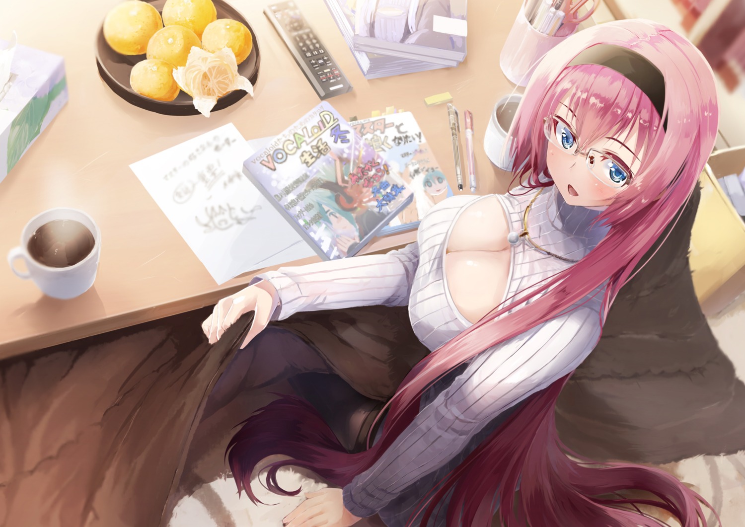 cleavage daidou_(demitasse) megane megurine_luka pantyhose sweater vocaloid