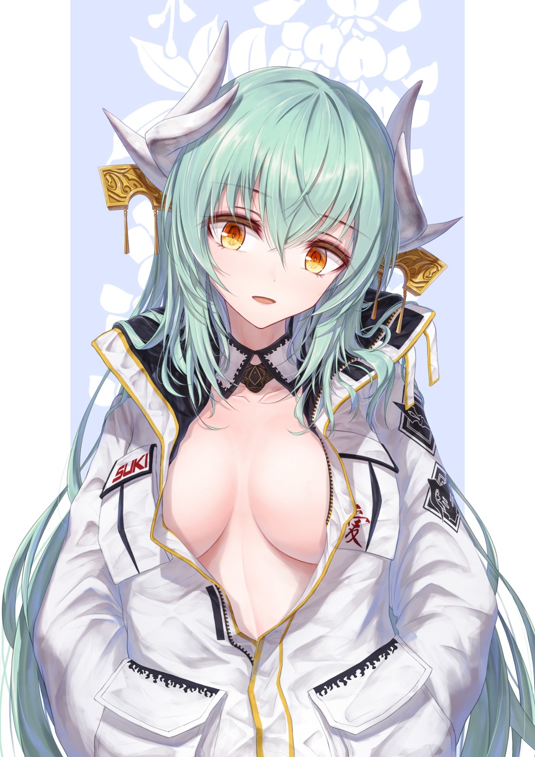 bae.c fate/grand_order horns kiyohime_(fate/grand_order) no_bra open_shirt