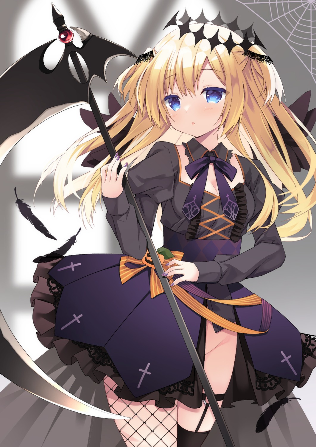 cleavage dress fishnets garter gothic_lolita halloween lolita_fashion nopan purin_purin stockings thighhighs weapon wings