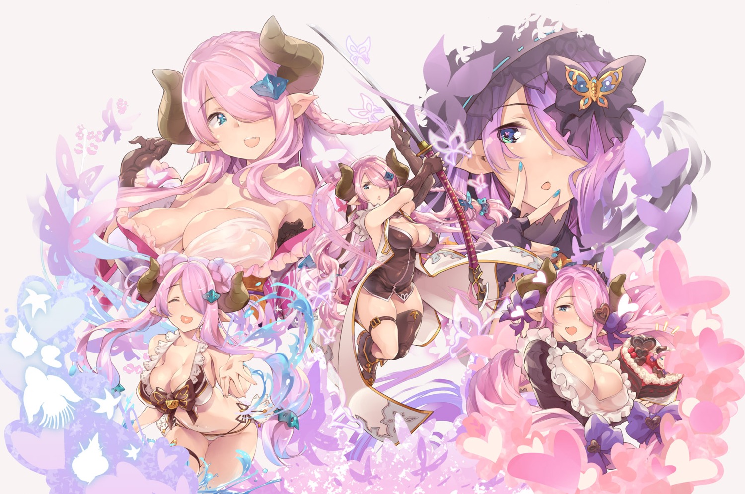 bikini cleavage garter granblue_fantasy heels horns narumeia_(granblue_fantasy) no_bra open_shirt pointy_ears see_through swimsuits sword thighhighs thomas