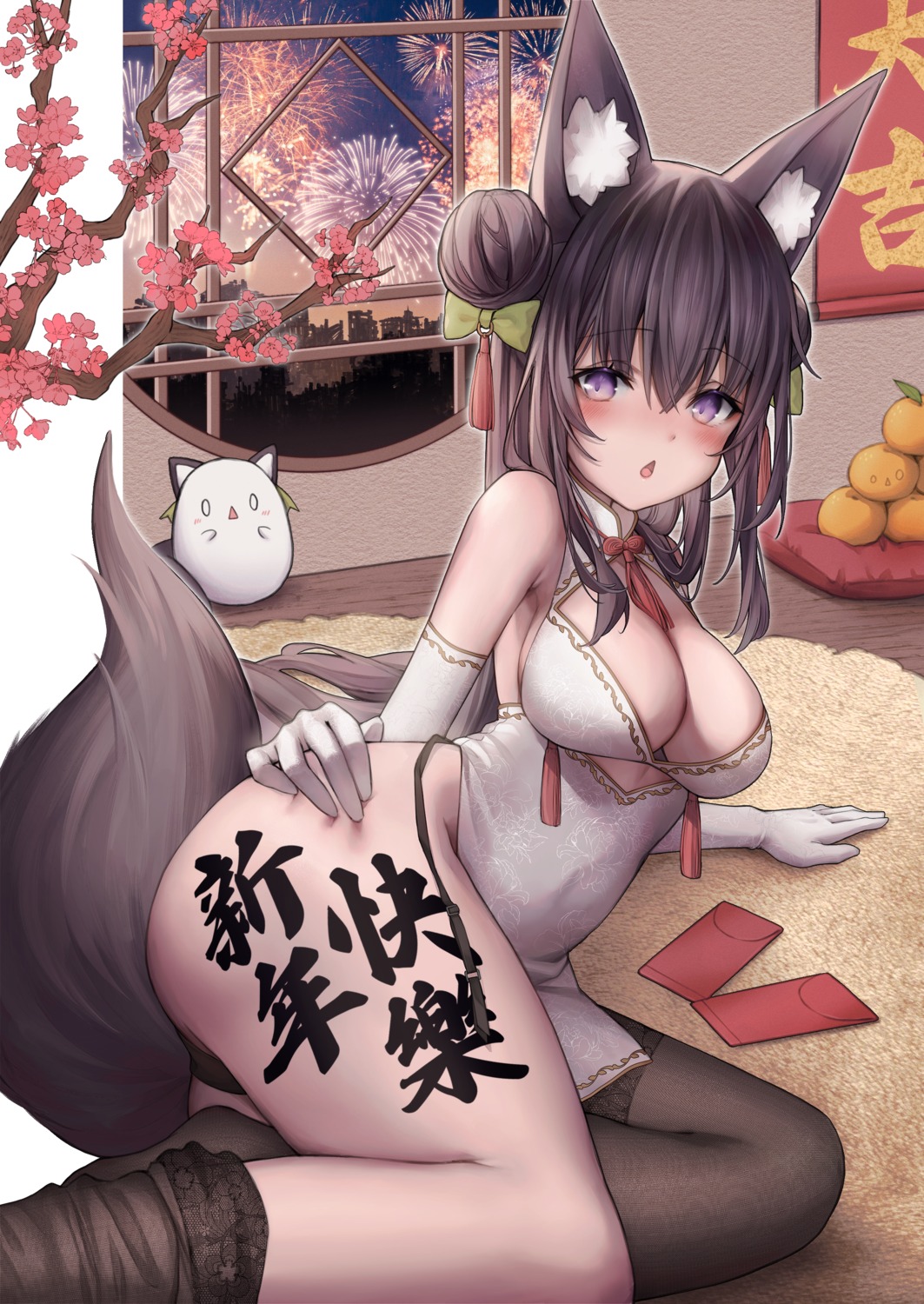 animal_ears ass chinadress guild_cq kitsune millet_(milletneko) no_bra pantsu quon_tama tail thighhighs thong