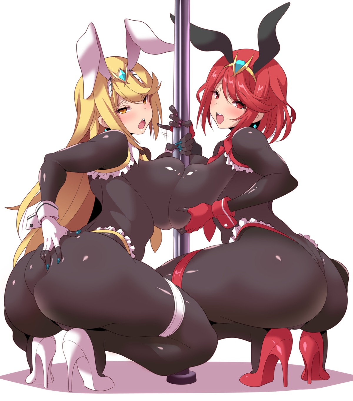 animal_ears ass ass_grab bodysuit breast_hold bunny_ears garter heels hikari_(xenoblade_2) homura_(xenoblade_2) konno_tohiro symmetrical_docking xenoblade xenoblade_chronicles_2