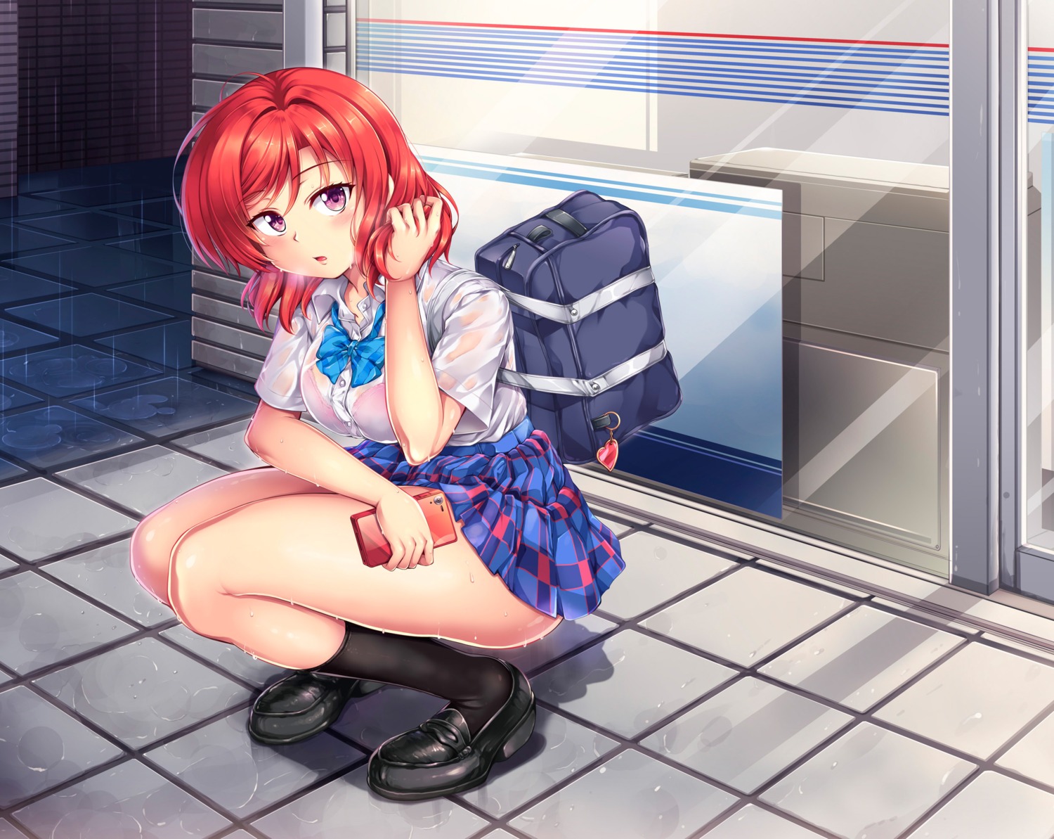 bra love_live! nishikino_maki see_through seifuku skirt_lift wet wet_clothes windart windarteam