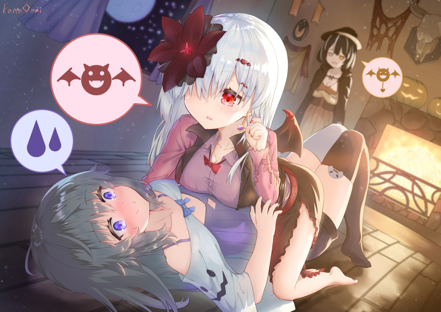 breast_hold cleavage halloween heterochromia kana_ami thighhighs wings yuri