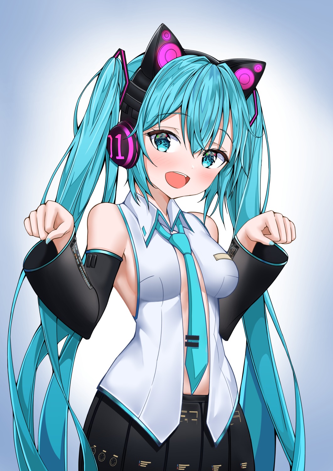 animal_ears hatsune_miku headphones nekomimi no_bra open_shirt tor_ai vocaloid