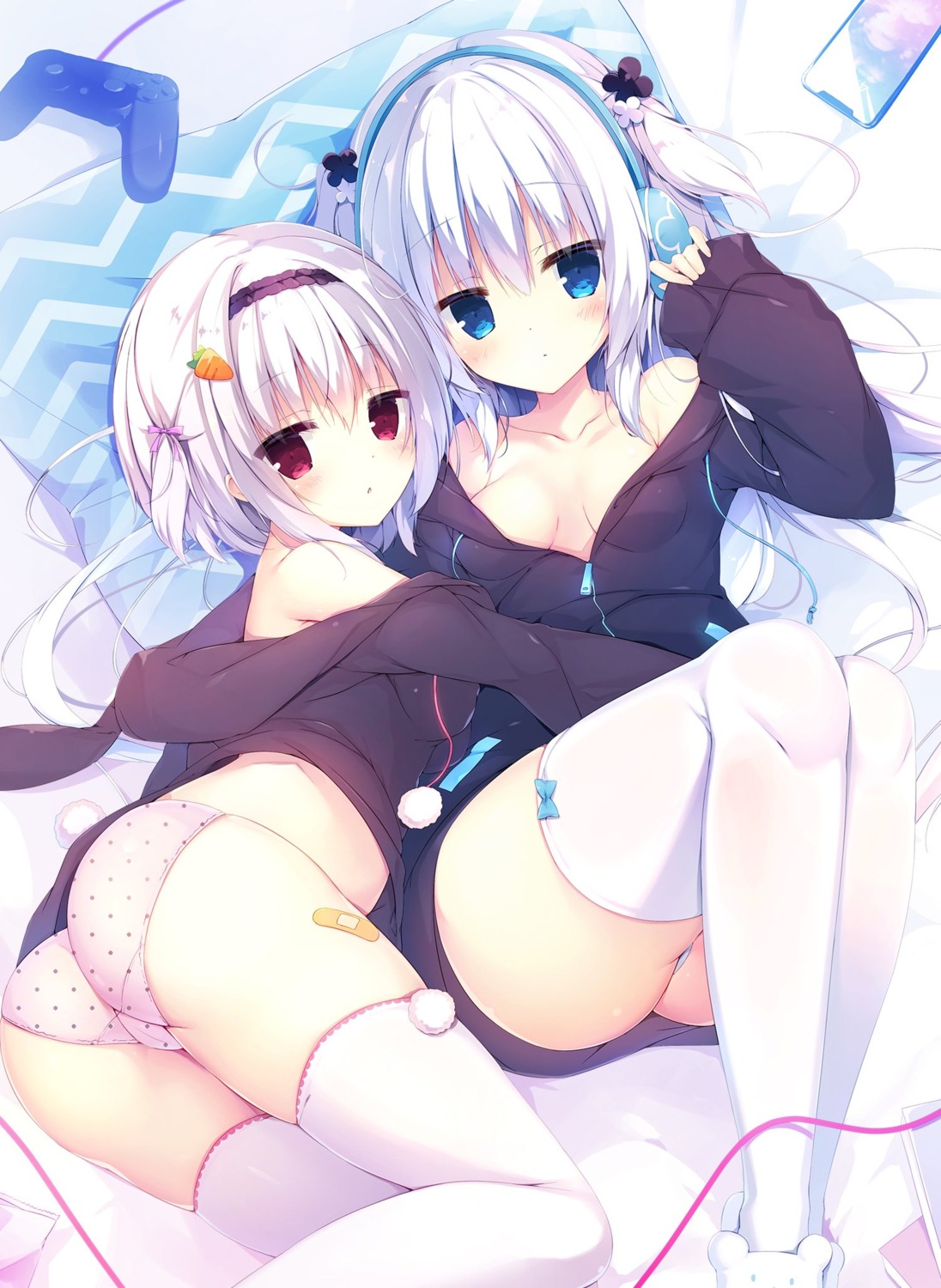 aisu_mint aisu_vanilla ass headphones muku_(apupop) no_bra open_shirt pantsu thighhighs thong