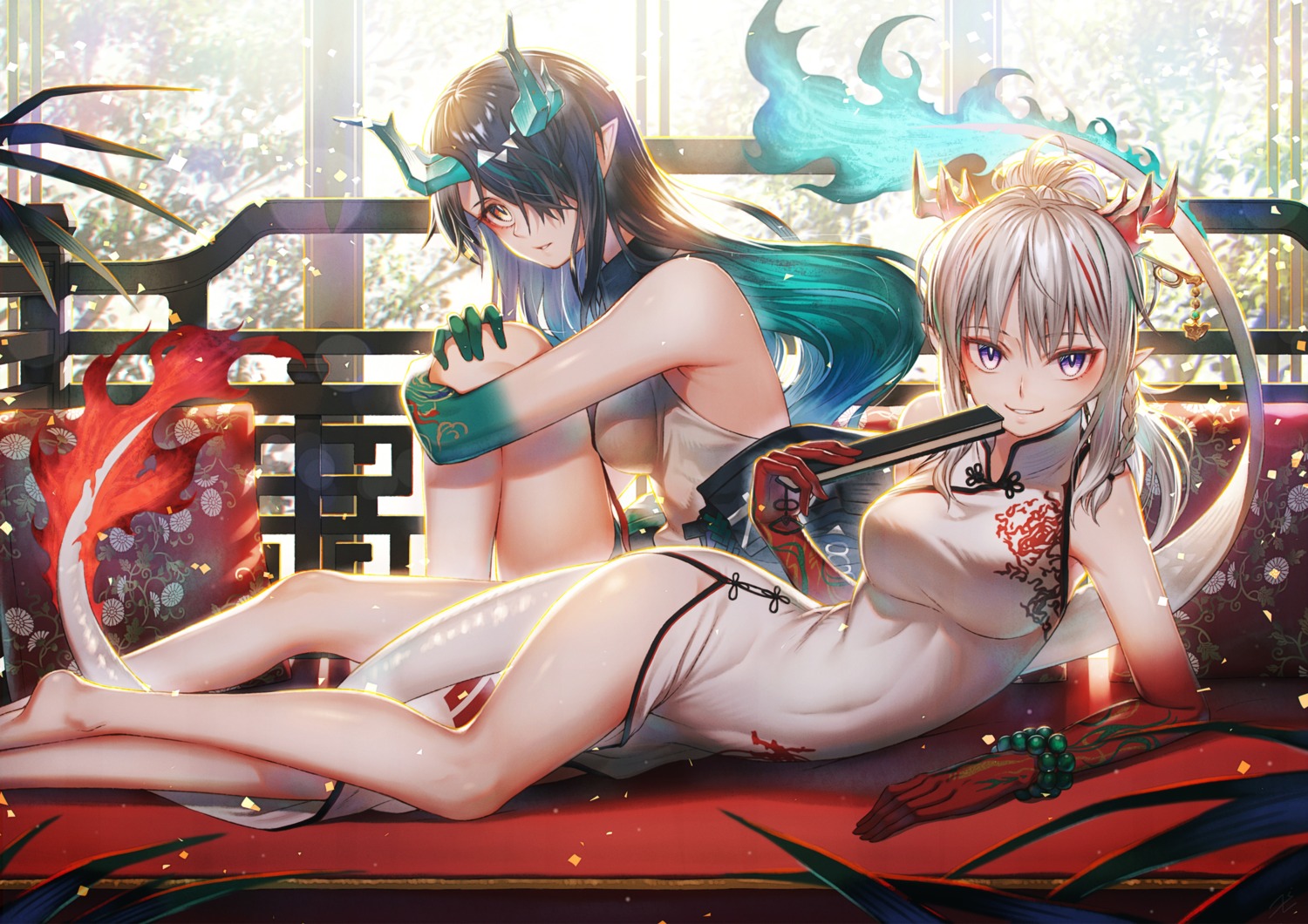 arknights chinadress dusk_(arknights) horns nian_(arknights) no_bra pointy_ears sho_(sumika) tail