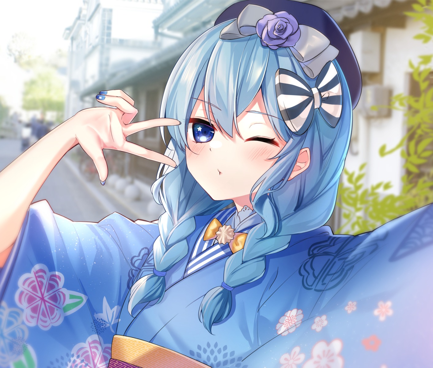 hololive hoshimachi_suisei kimono rukinya_(nyanko_mogumogu)