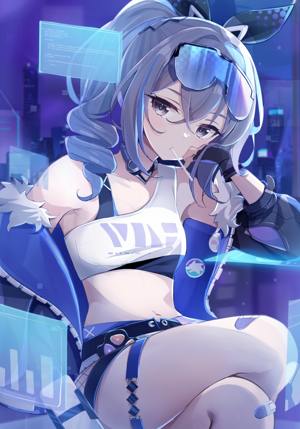 bandaid bra deyui fishnets garter honkai:_star_rail megane silver_wolf_(honkai:_star_rail)