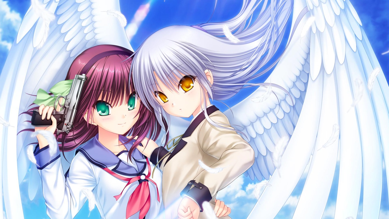 angel angel_beats! gun key na-ga nakamura_yuri seifuku tachibana_kanade wallpaper wings