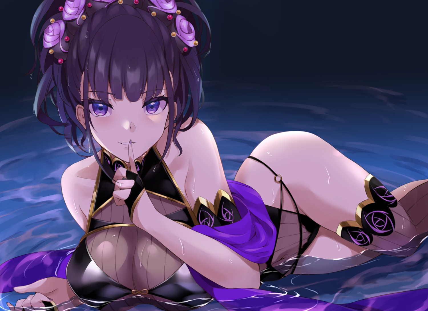 fate/grand_order haneramu murasaki_shikibu_(fate) swimsuits thighhighs wet