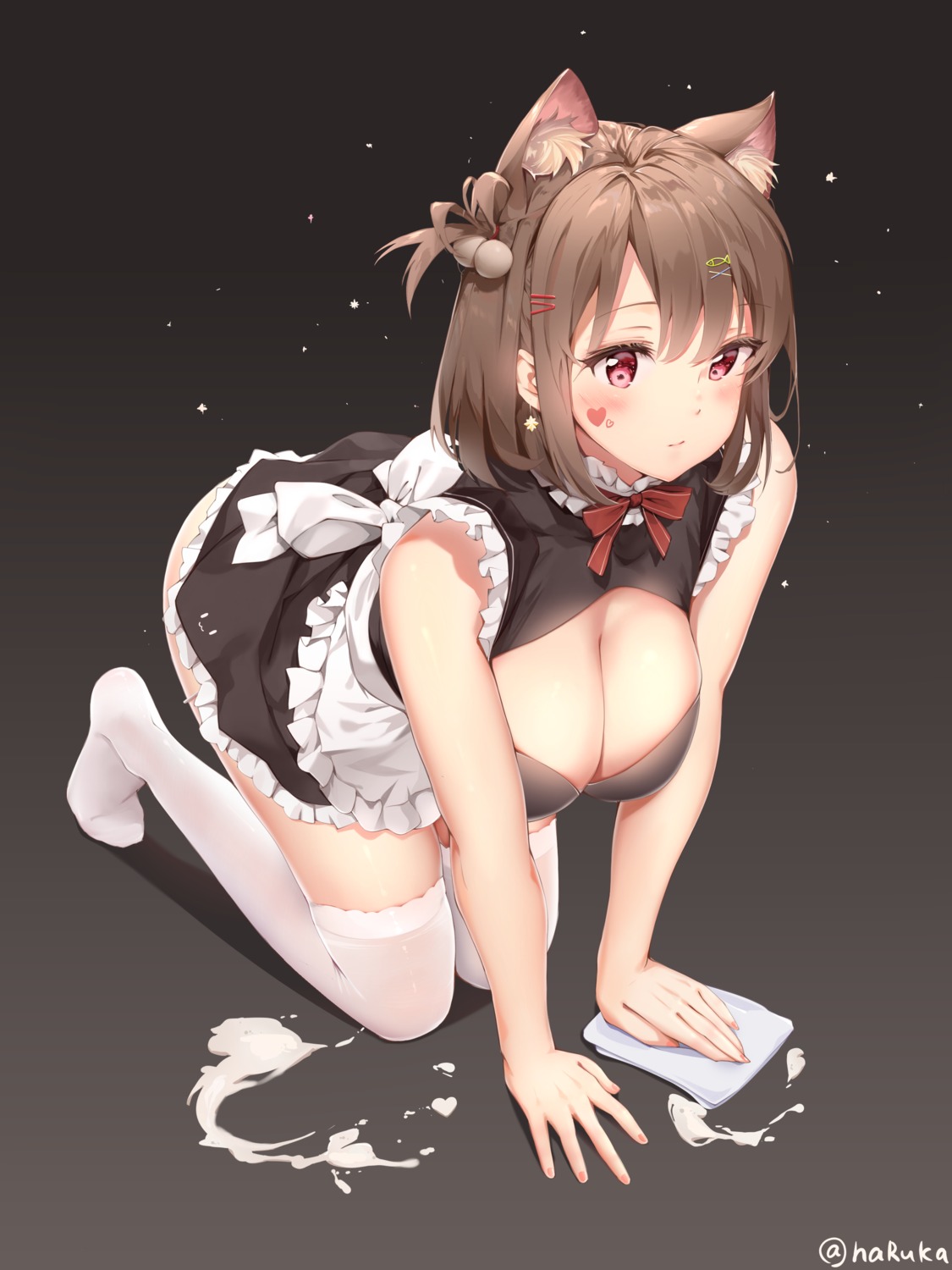 animal_ears cream haruka_poi maid nekomimi no_bra tattoo thighhighs