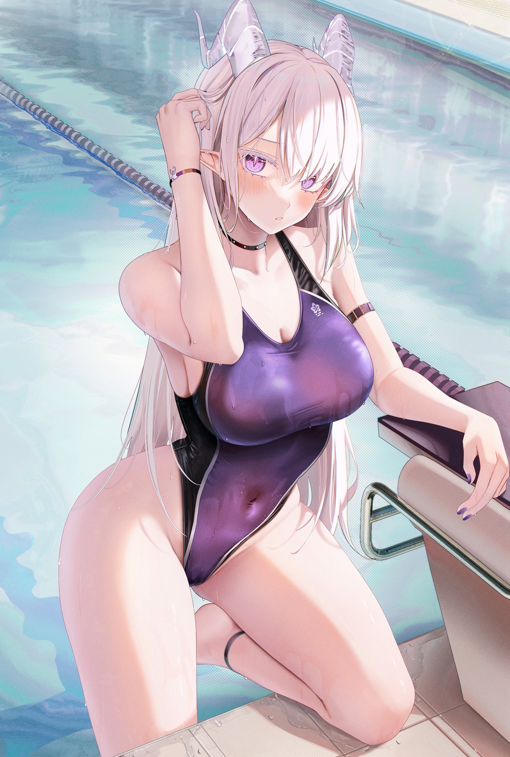 horns pointy_ears ru_zhai swimsuits wet