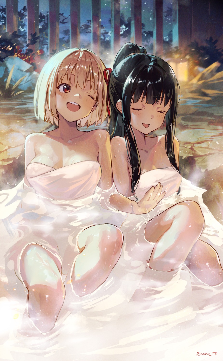 bathing inoue_takina lycoris_recoil nishikigi_chisato onsen sooon towel wet yuri