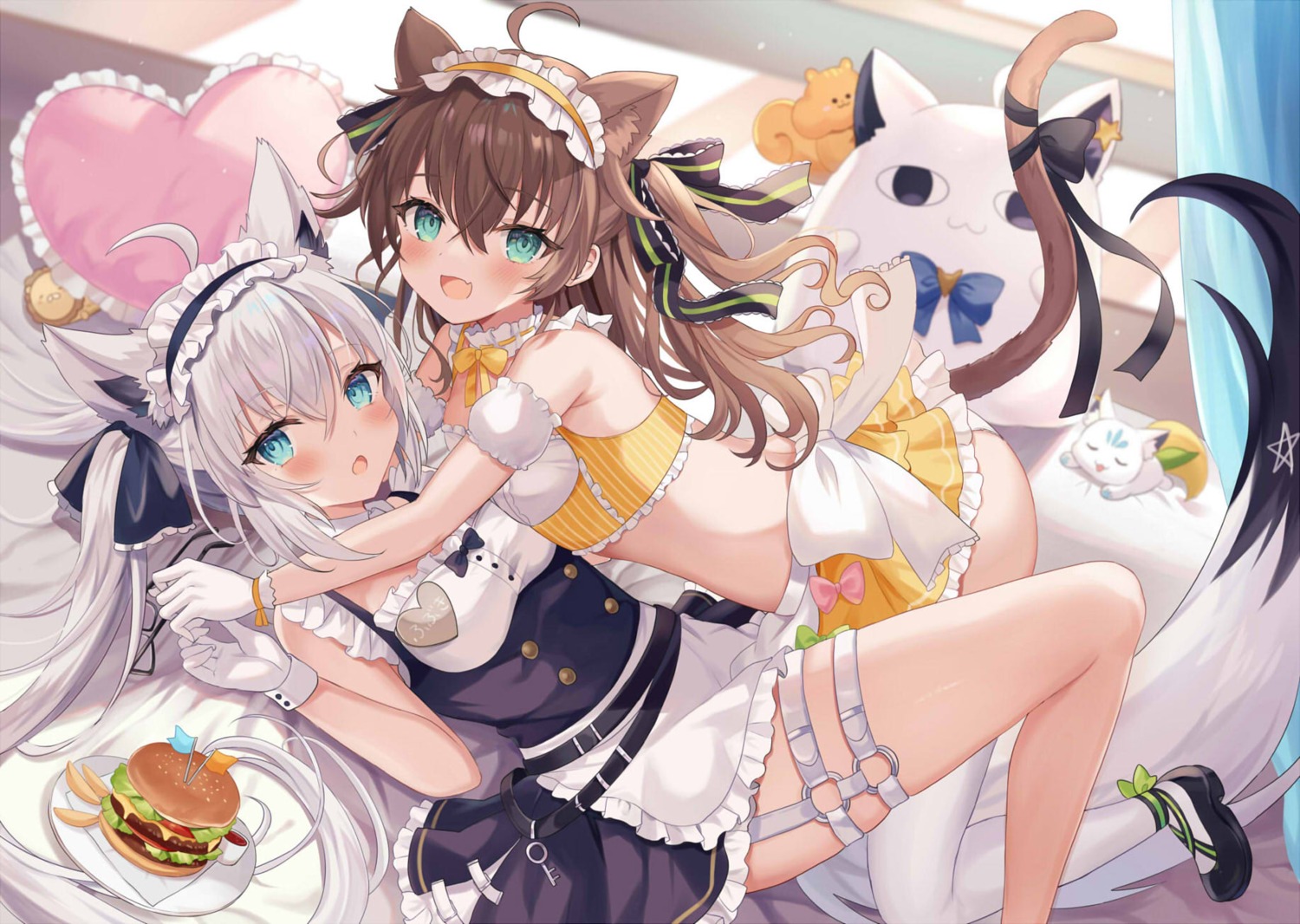 animal_ears garter hololive hololive_gamers kitsune maid natsuiro_matsuri nekomimi pantsu retsuto shirakami_fubuki skirt_lift tail thighhighs yuri