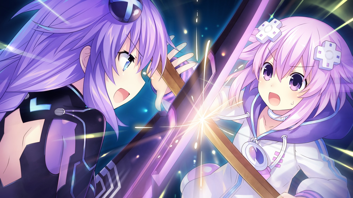 choujigen_game_neptune game_cg neptune purple_heart sword tsunako yuusha_neptune_sekai_yo_uchuu_yo_katsumoku_seyo!!_ultimate_rpg_sengen!!