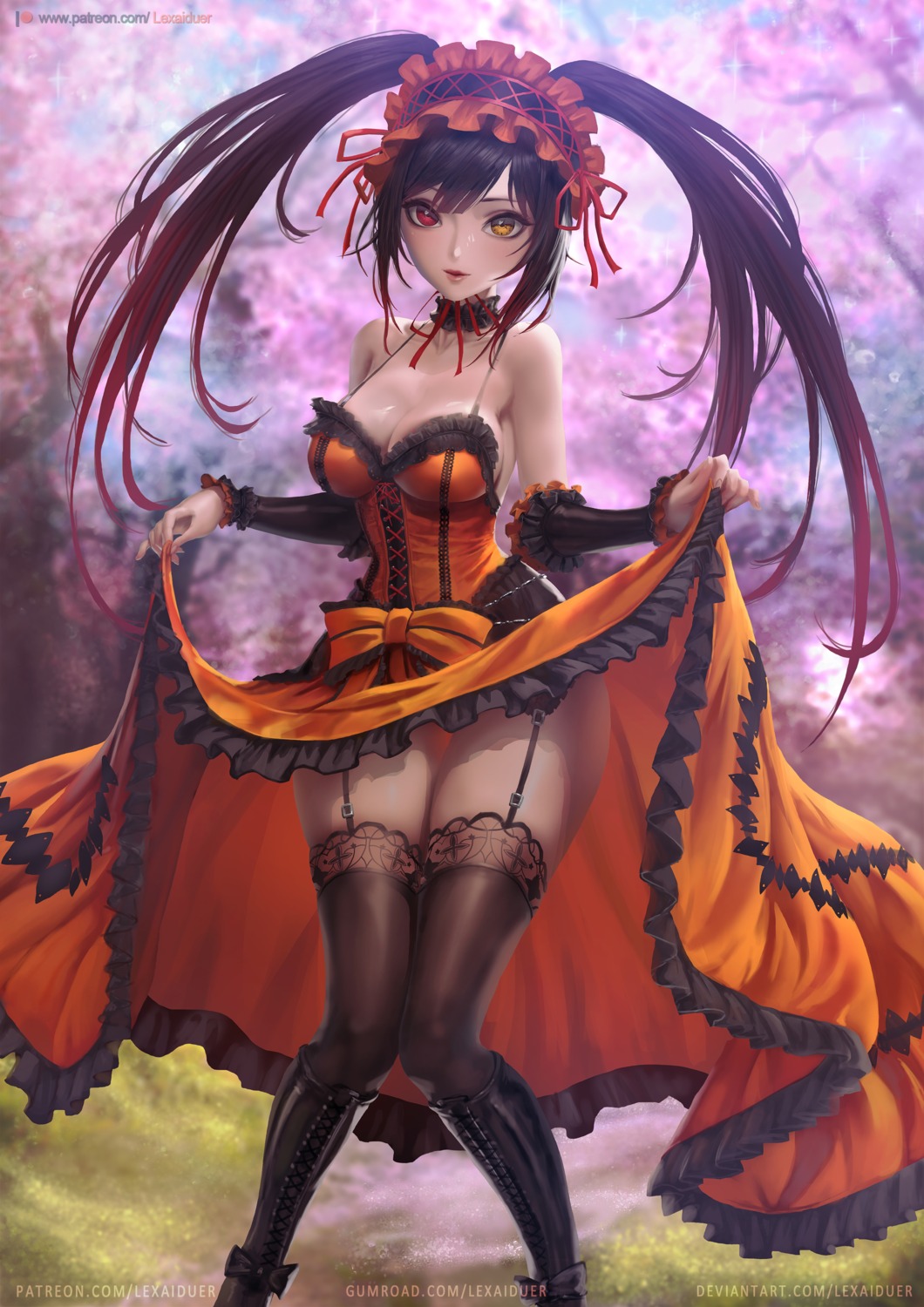 date_a_live dress gothic_lolita heterochromia lexaiduer lolita_fashion no_bra skirt_lift stockings thighhighs tokisaki_kurumi