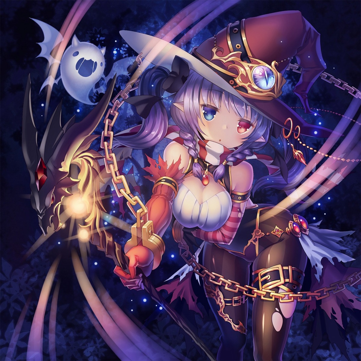 cleavage heterochromia leotard nopan pantyhose pointy_ears tagme torn_clothes weapon witch
