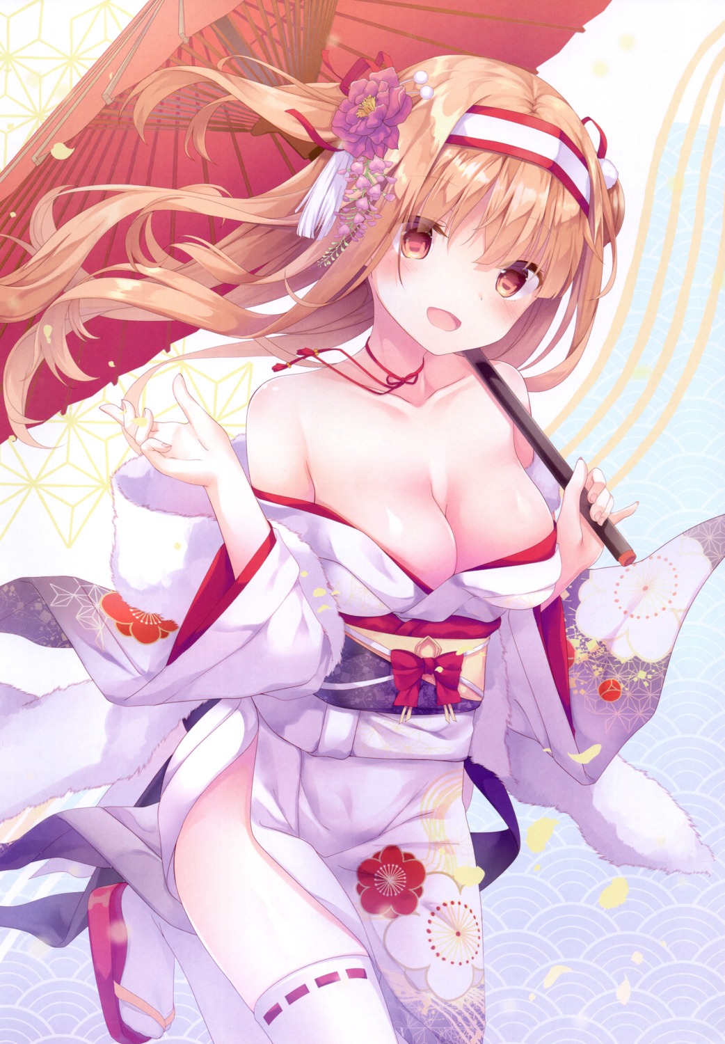 kimono kinokomushi no_bra nopan open_shirt thighhighs umbrella