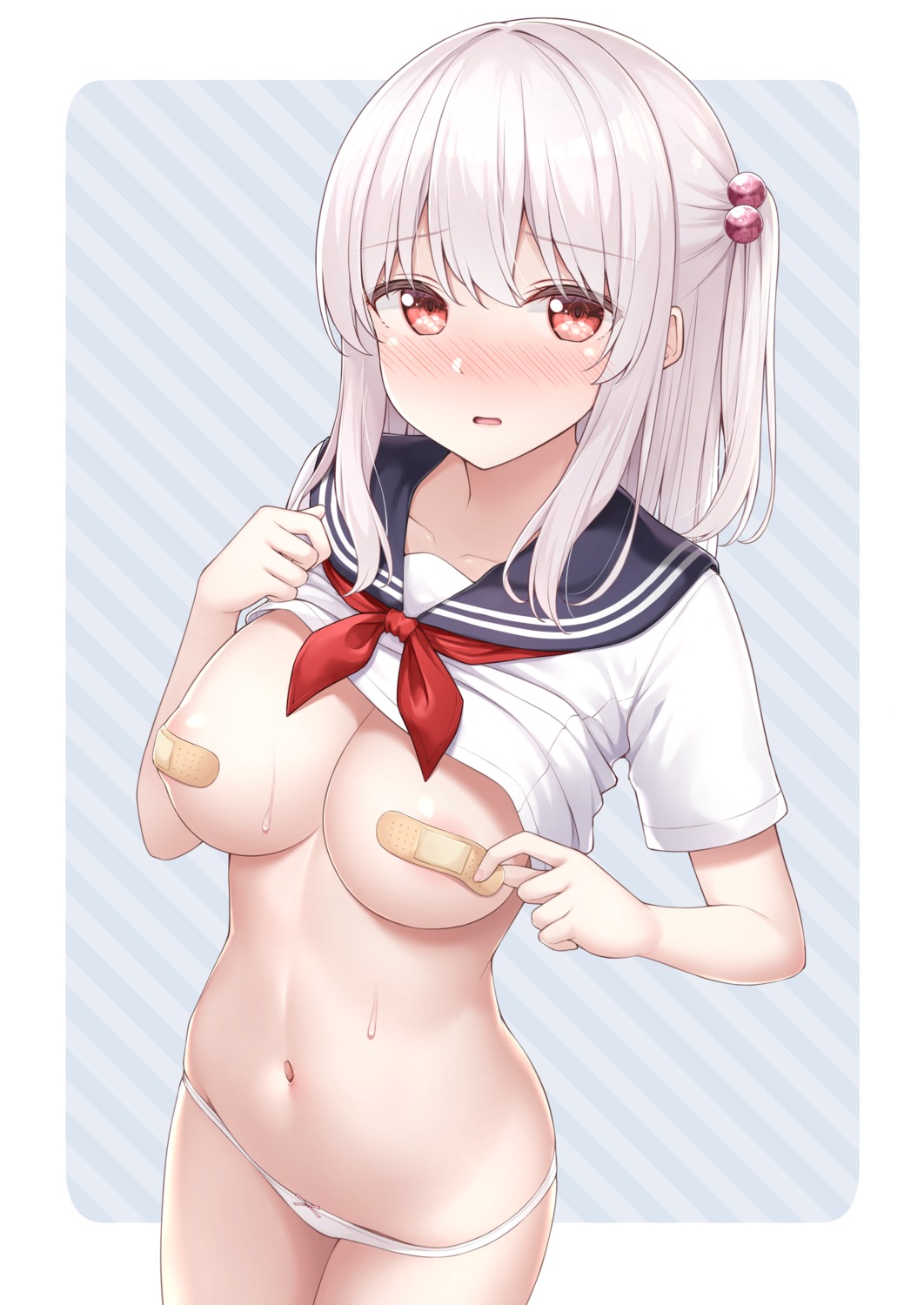 areola bandaid breasts karutamo no_bra pantsu pasties seifuku shirt_lift tissue-chan