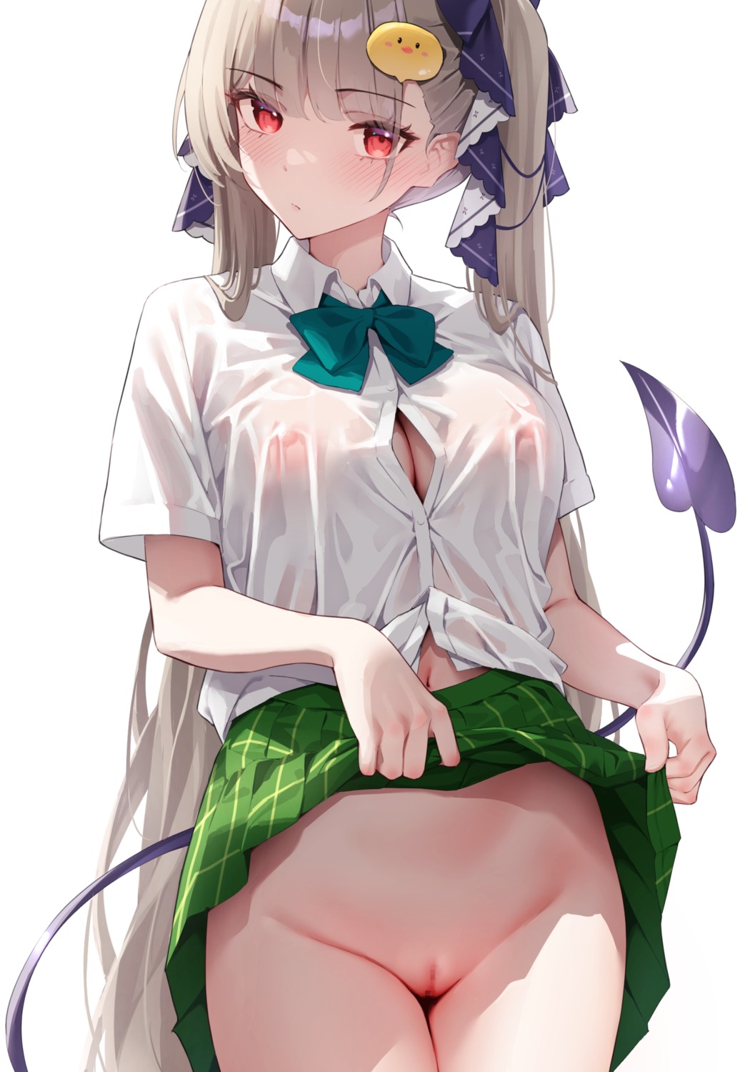 azur_lane censored classic_(zildjian33) formidable_(azur_lane) nipples no_bra nopan open_shirt pussy see_through seifuku skirt_lift tail