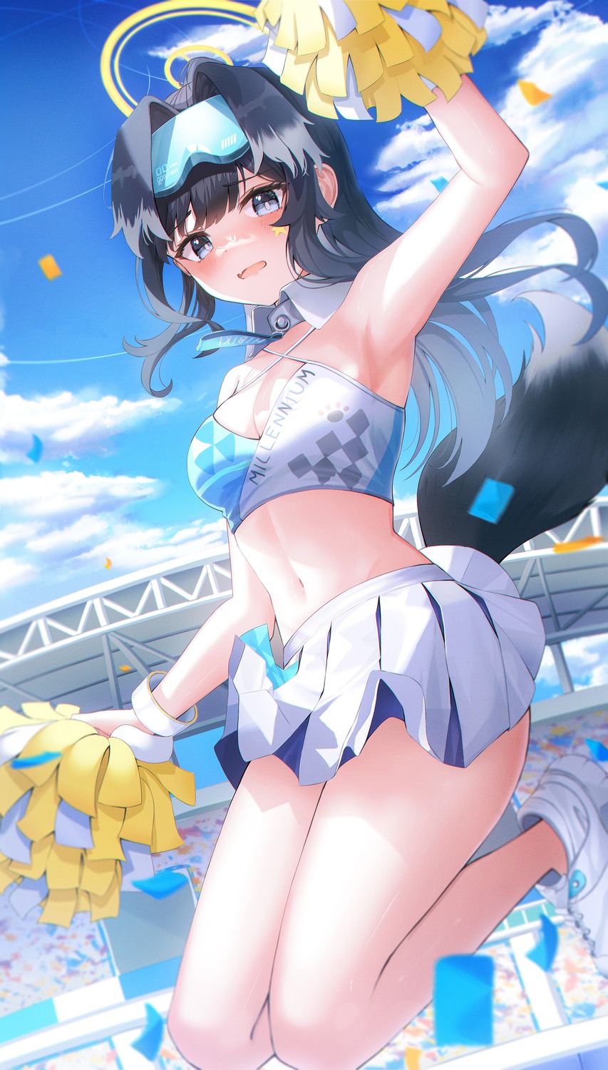 animal_ears blue_archive cheerleader halo inumimi li_se nekozuka_hibiki no_bra tail tattoo