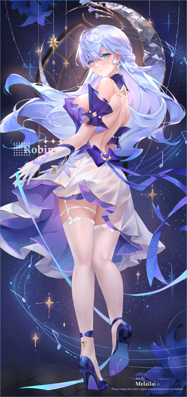 garter halo heels honkai:_star_rail melailai no_bra robin see_through skirt_lift stockings thighhighs