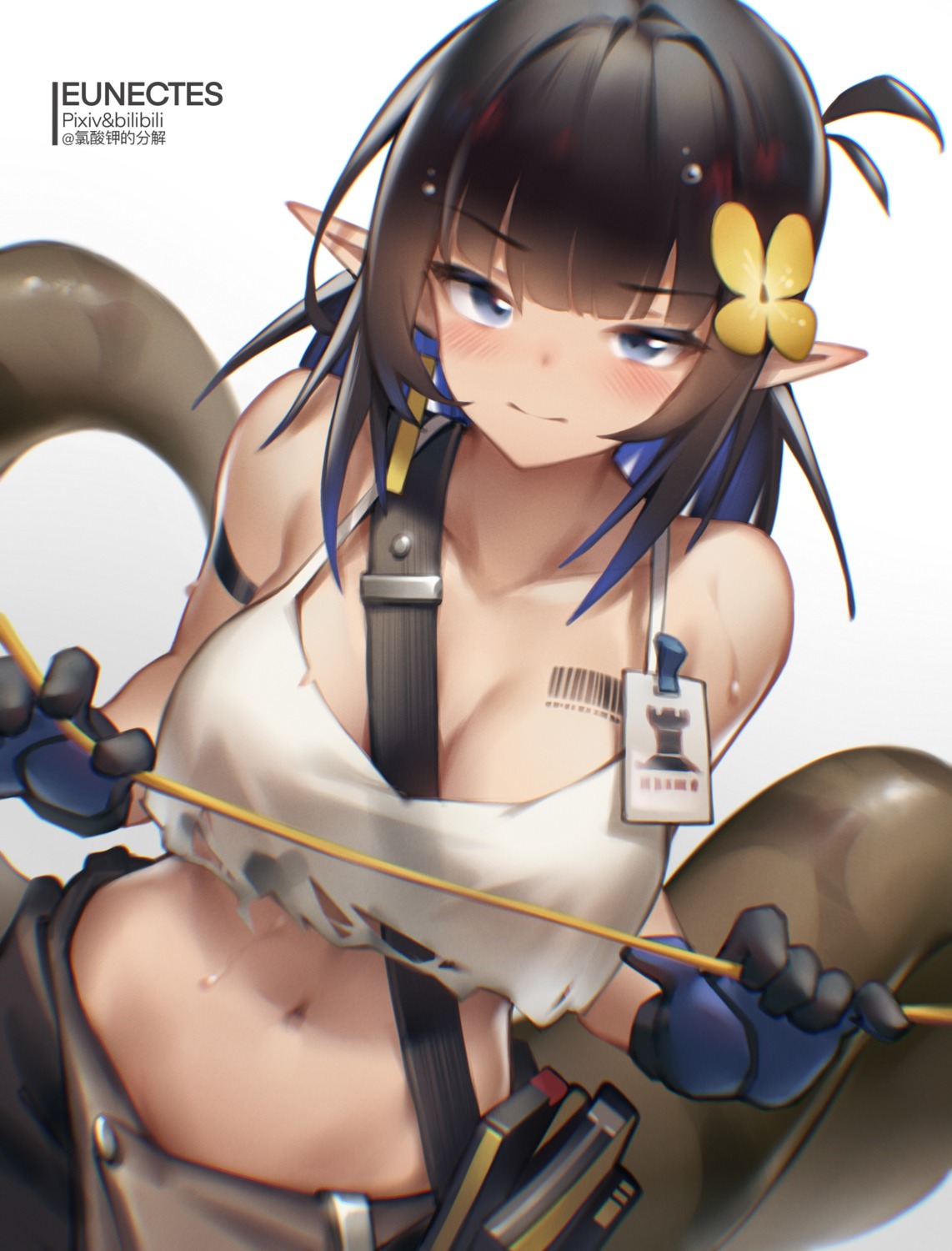 arknights bilibili_xiaolu eunectes_(arknights) no_bra pointy_ears tail tattoo torn_clothes