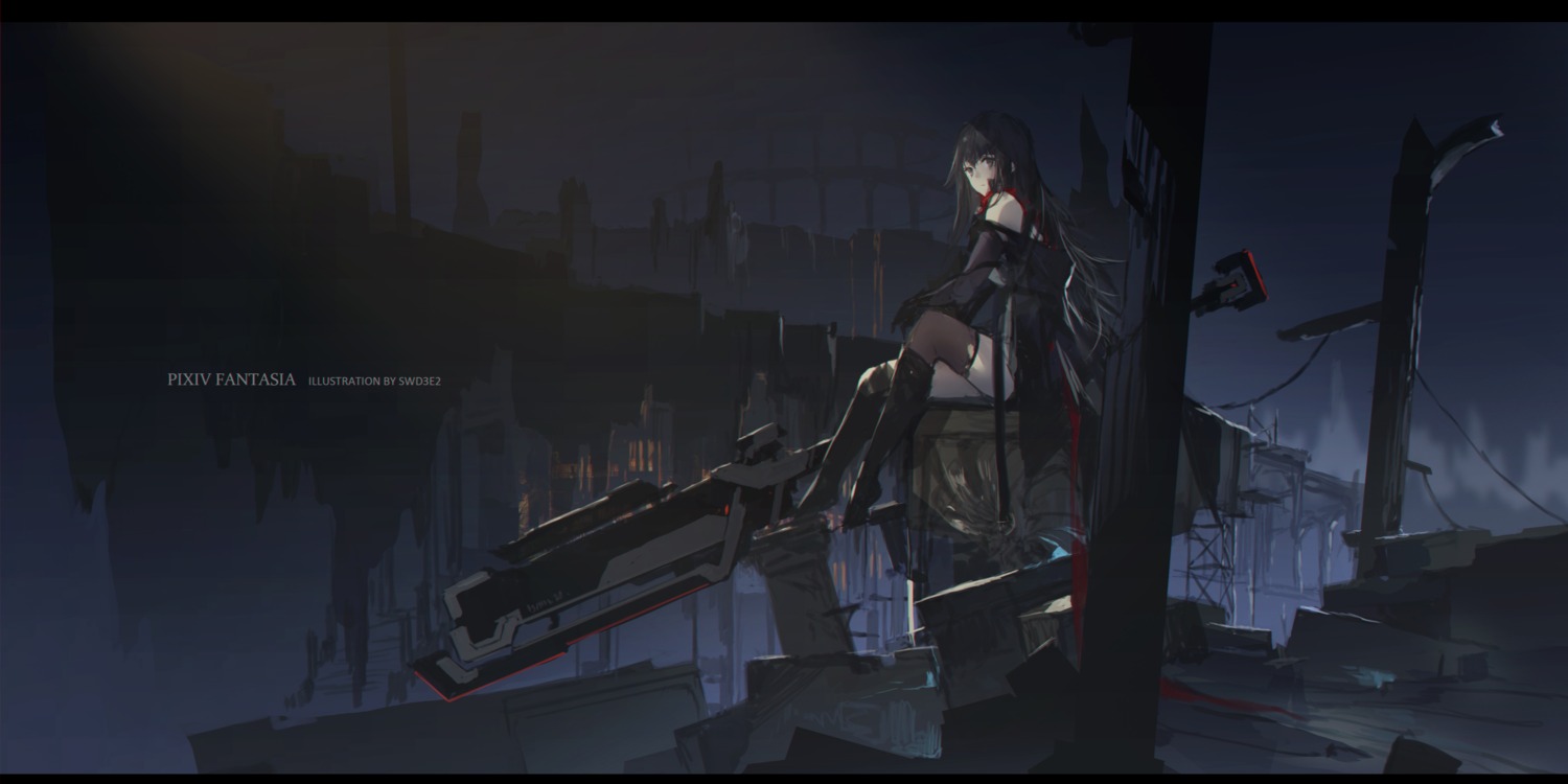 landscape pixiv_fantasia pixiv_fantasia_last_saga sketch swd3e2 thighhighs torn_clothes weapon