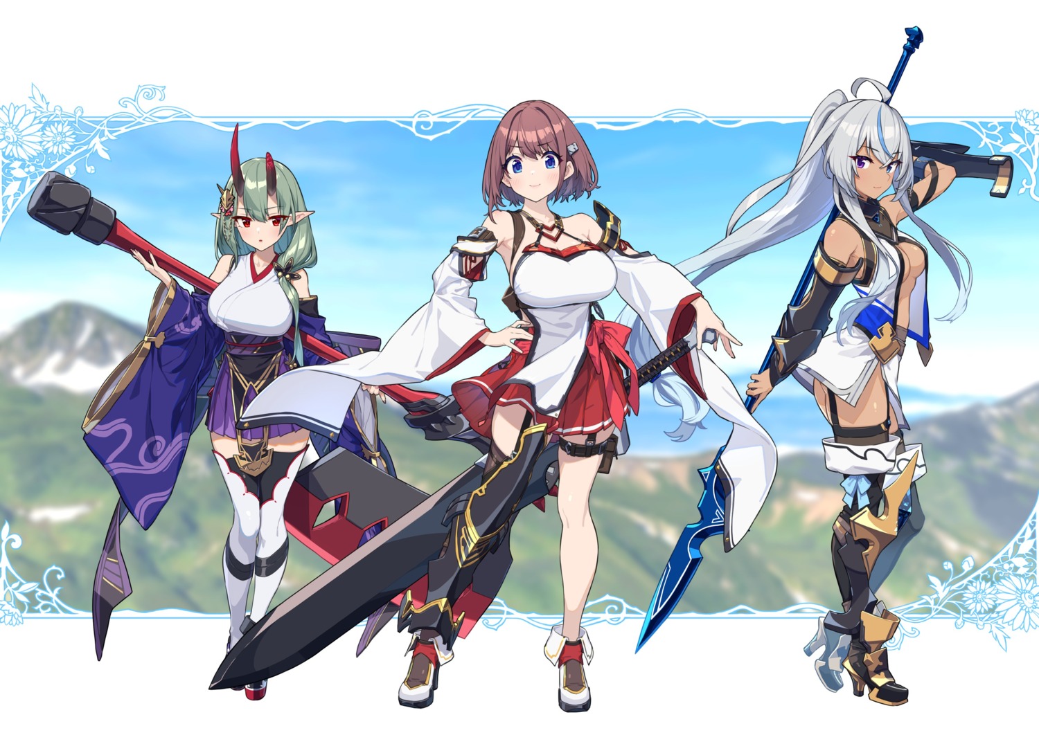 armor baffu garter heels horns japanese_clothes open_shirt stockings sword thighhighs weapon