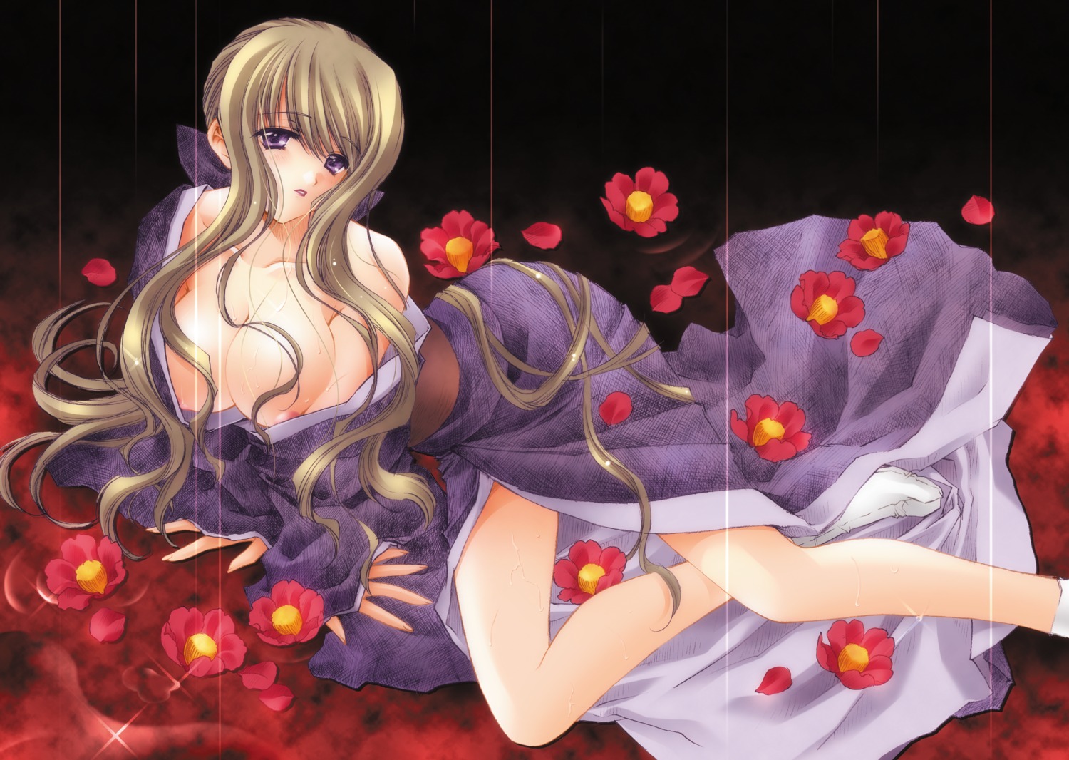 areola carnelian cleavage kao_no_nai_tsuki kimono kuraki_yuriko no_bra open_shirt