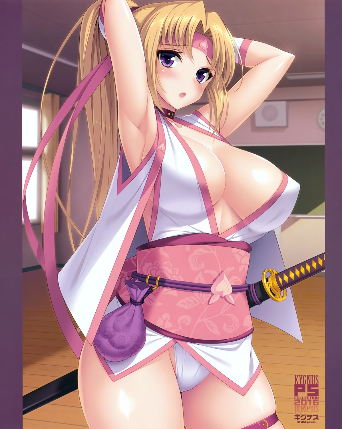 cleavage cygnus erect_nipples garter japanese_clothes no_bra open_shirt pantsu sword