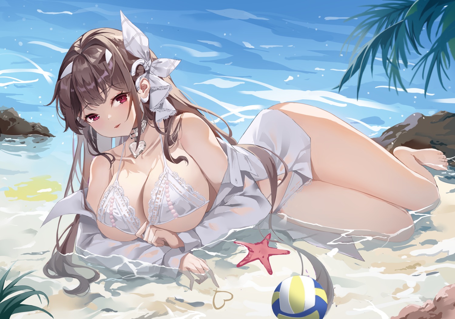 bikini dress_shirt goddess_of_victory:_nikke jingying_baobao_shanliangliang open_shirt see_through swimsuits viper_(nikke) wet wet_clothes