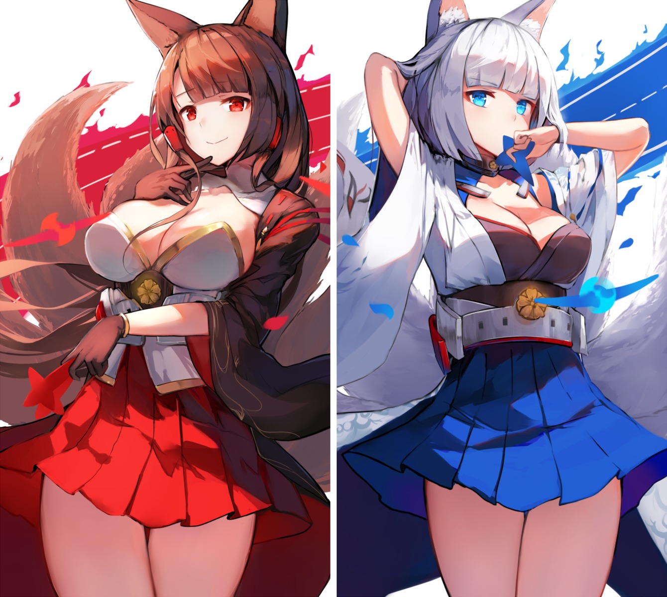 akagi_(azur_lane) animal_ears azur_lane cleavage japanese_clothes kaga_(azur_lane) kitsune natsumoka tail