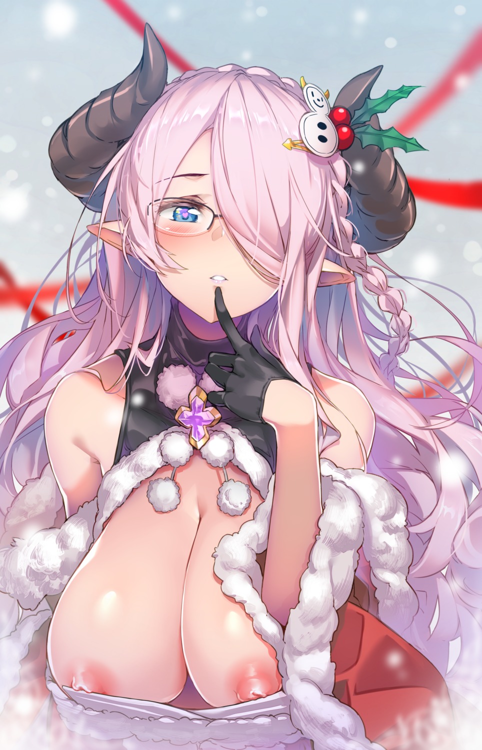 breasts christmas granblue_fantasy hong_(white_spider) horns megane narumeia_(granblue_fantasy) nipples no_bra pointy_ears