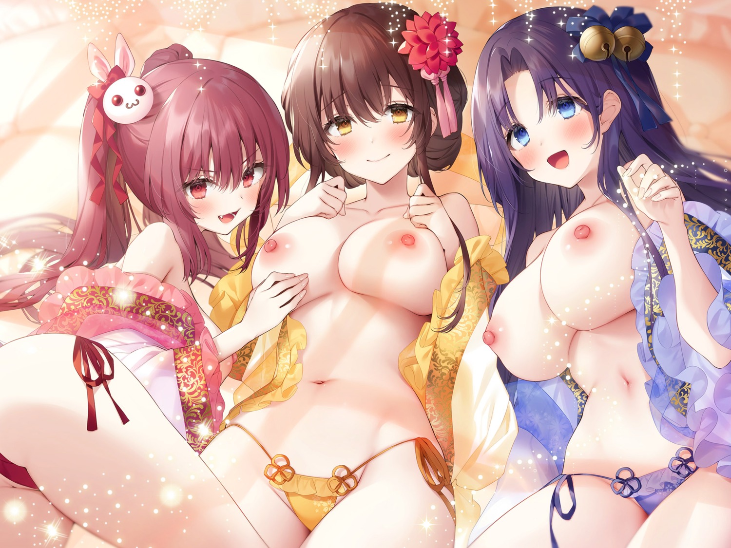 breasts jiiwara lingerie nipples no_bra open_shirt pantsu see_through string_panties