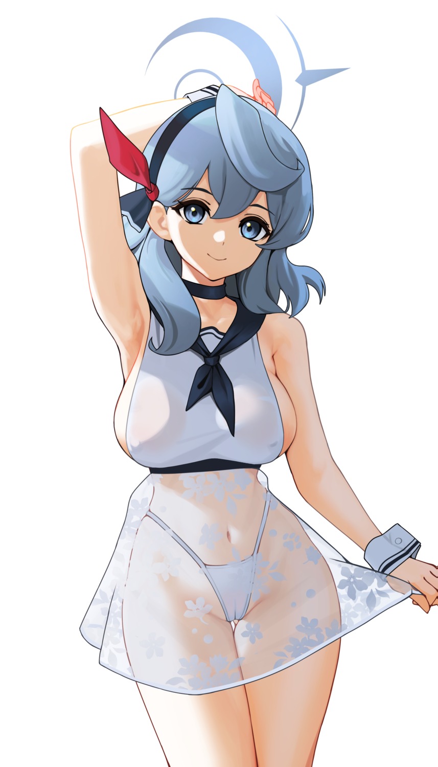 amau_ako blue_archive cameltoe dress ett halo no_bra pantsu see_through skirt_lift