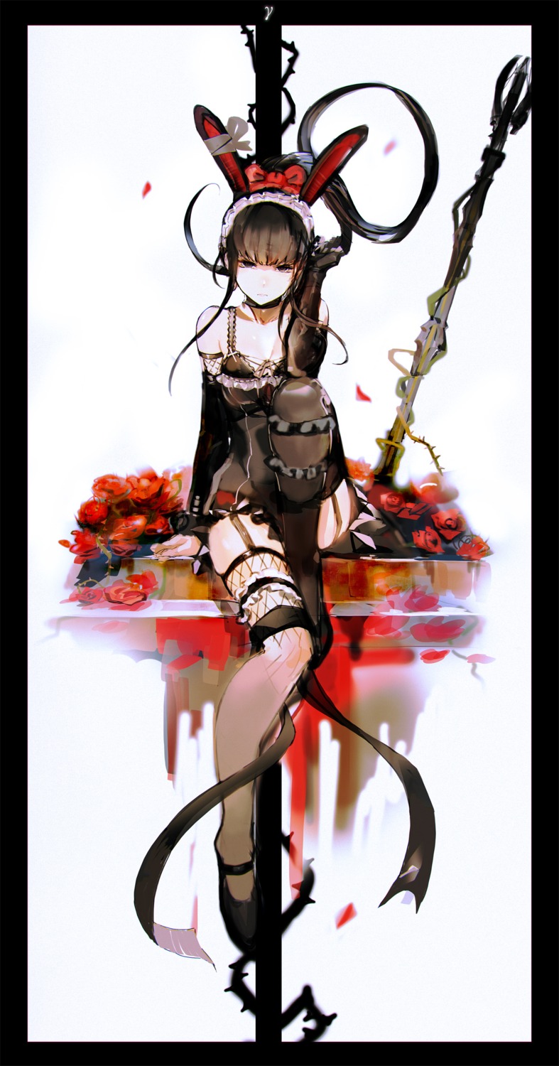 animal_ears bunny_ears cleavage fishnets gothic_lolita lolita_fashion narberal_gamma overlord so-bin stockings thighhighs