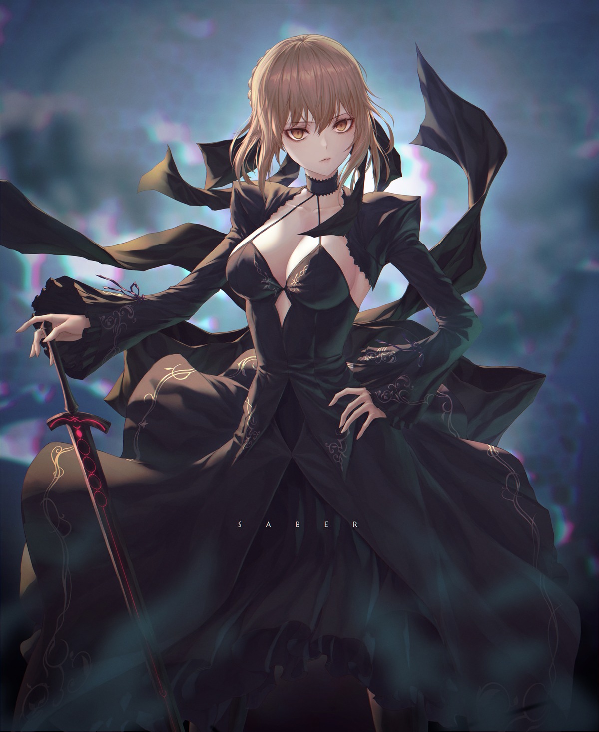 artist_revision cleavage dress fate/grand_order saber saber_alter sword und0