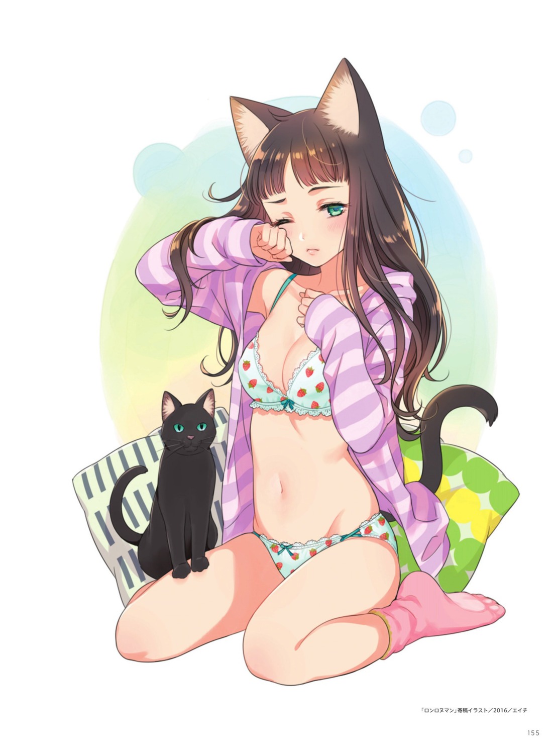 animal_ears bra morikura_en neko nekomimi open_shirt pajama pantsu tail