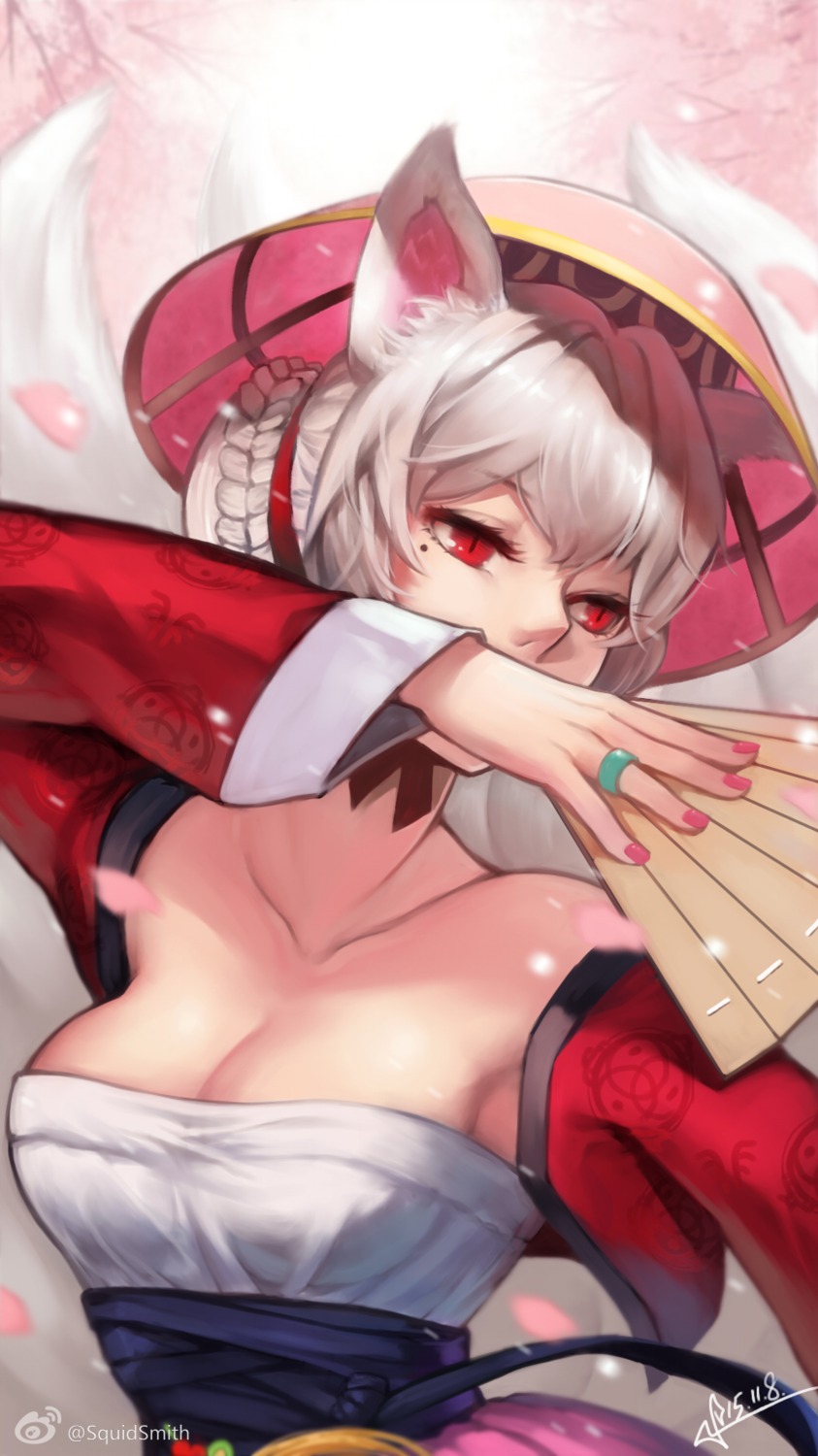 animal_ears cleavage crusaders_quest kitsune kitsune_yeowoodong no_bra squidsmith tail