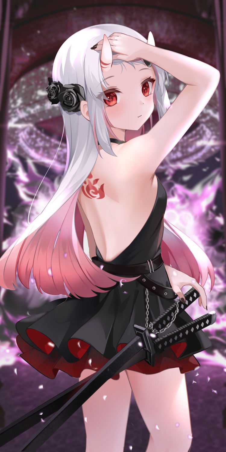 ass dress hololive horns kananote nakiri_ayame no_bra sword tattoo