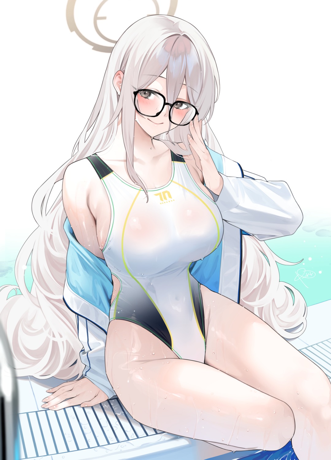 blue_archive halo megane murokasa_akane rerrere see_through swimsuits wet